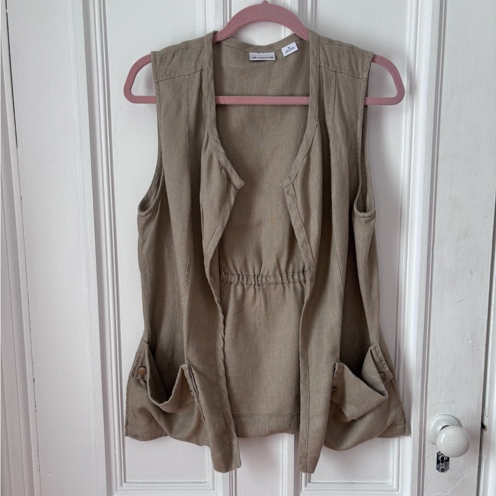 Women’s Liz Claiborne 100%Linen Utility Vest in Tan Pockets Size Medium